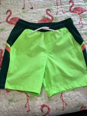 Lands' End Neon Green Boys Swim Shorts with Navy Waistband